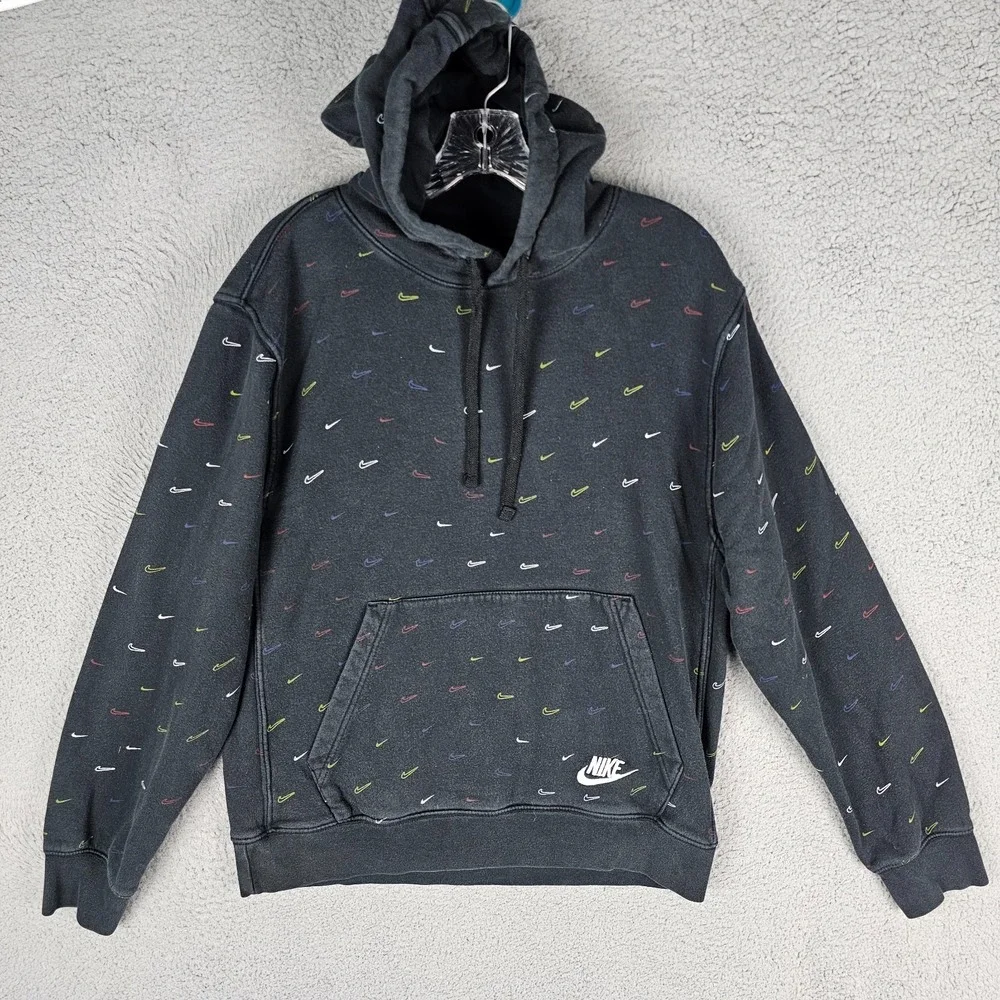 Nike Hoodie Mens Small Black All Over Swoosh Fleece Lined Long Sleeve DC2767-010